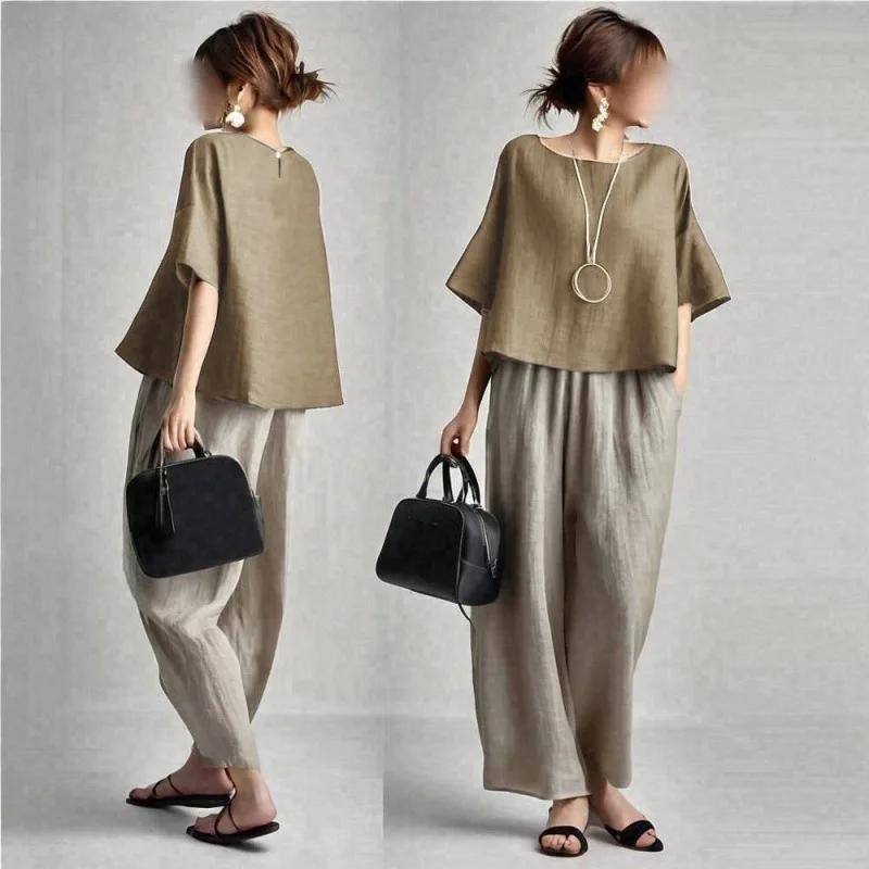 Solid Half-Sleeve Linen Set